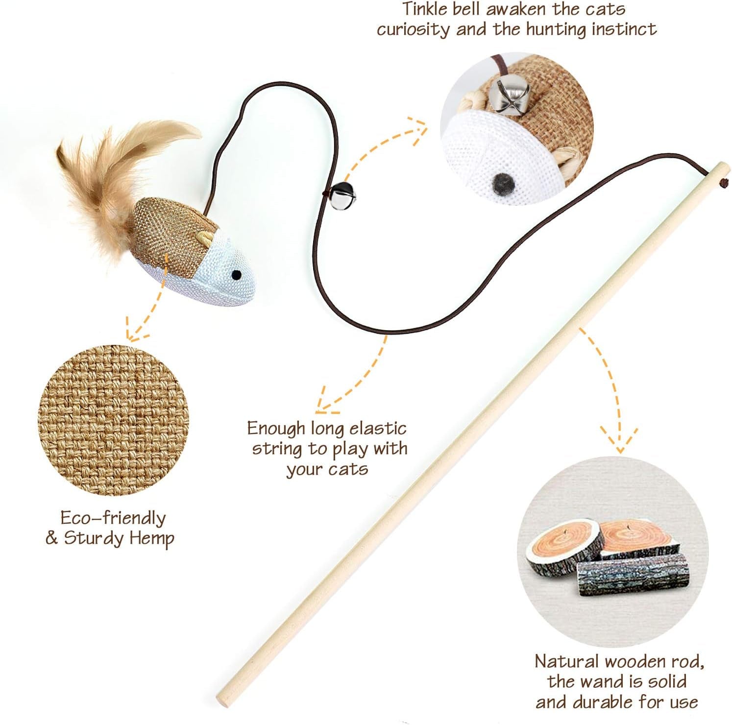 Natural Wood Cat Teaser Wand Toy, 3Pcs 16 Inch, Catnip Sticks for Teeth Cleaning, Indoor Cat Exerciser