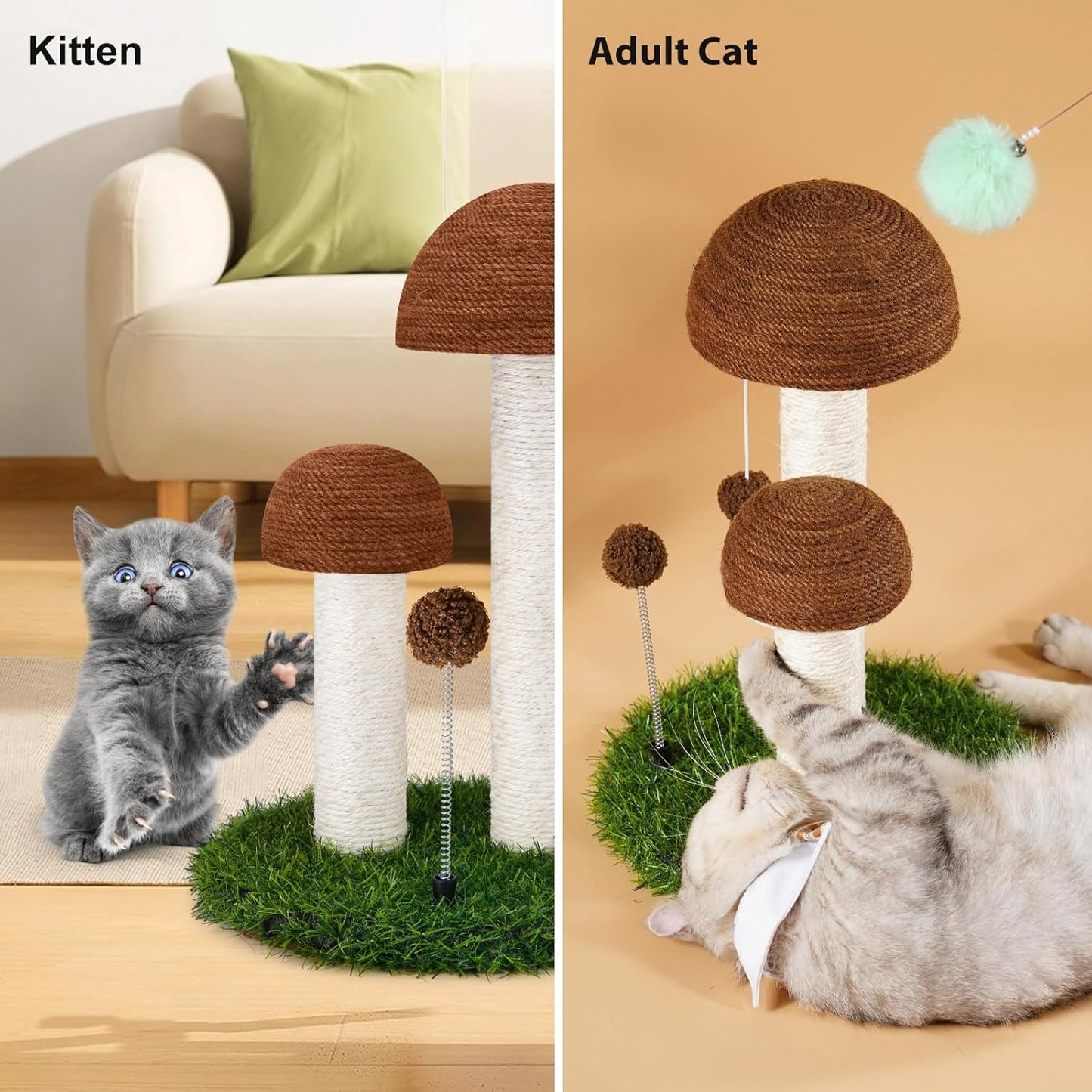 Cat Scratching Post Mushroom Natural Sisal Board Scratcher for Kitten Health and Good Behavior, Furniture Scratch Deterrent Accessories for Cats and Kitten Brown