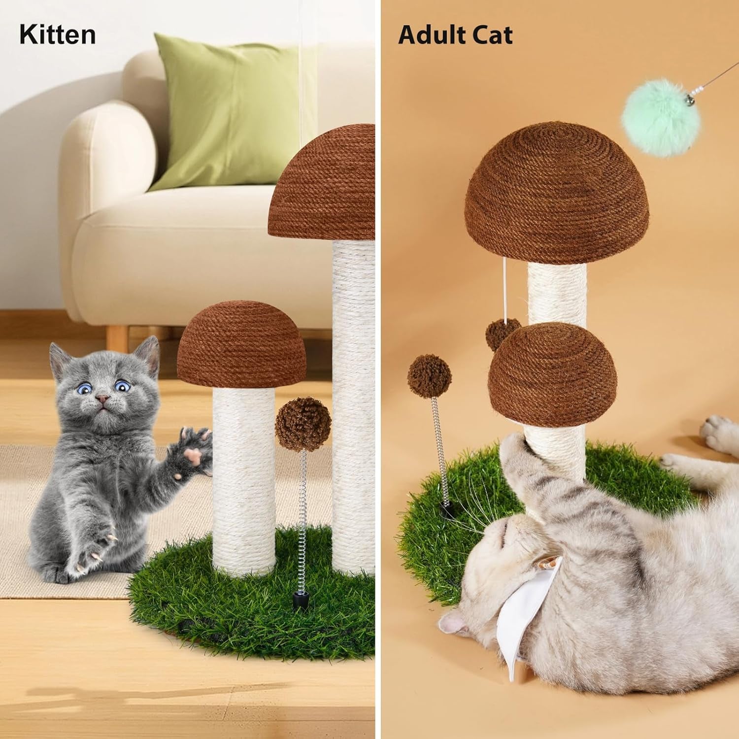 Cat Scratching Post Mushroom Natural Sisal Board Scratcher for Kitten Health and Good Behavior, Furniture Scratch Deterrent Accessories for Cats and Kitten Brown