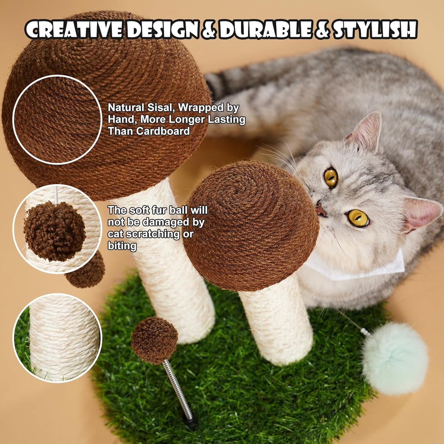 Cat Scratching Post Mushroom Natural Sisal Board Scratcher for Kitten Health and Good Behavior, Furniture Scratch Deterrent Accessories for Cats and Kitten Brown