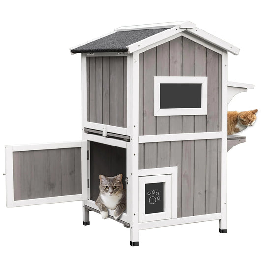 Cat House Indoor Outdoor Feral Cat Shelter Kitty House with Escape Door, Gray