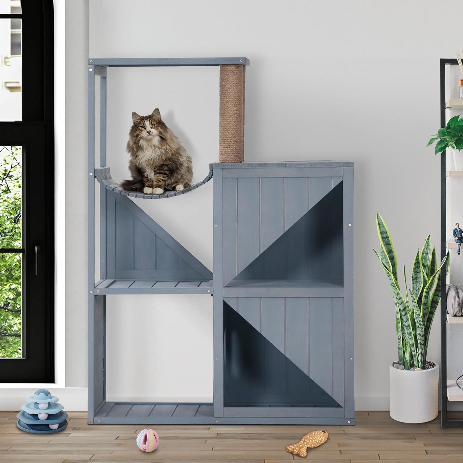 Cat House with Scratcher, Wood Cat Condo Furniture for Indoor, Kitten Villa Enclosures Gray 0505