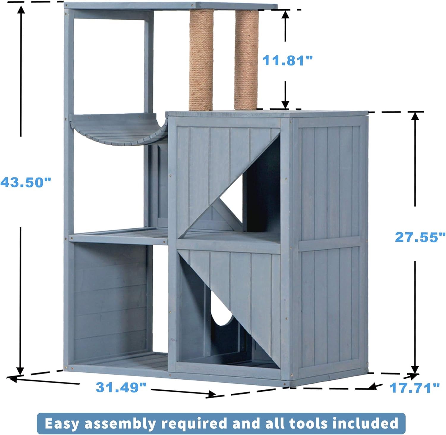 Cat House with Scratcher, Wood Cat Condo Furniture for Indoor, Kitten Villa Enclosures Gray 0505