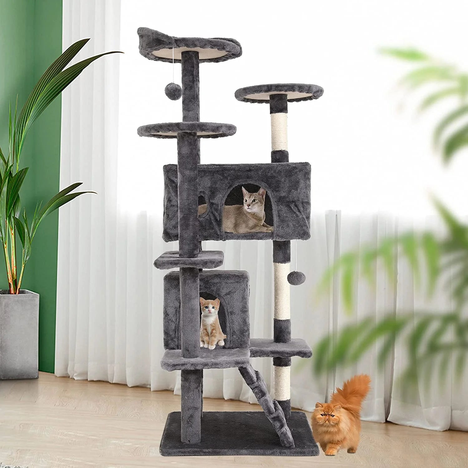 54" Cat Tree Tower, Scratch Posts, Condo, Toys, Light Gray