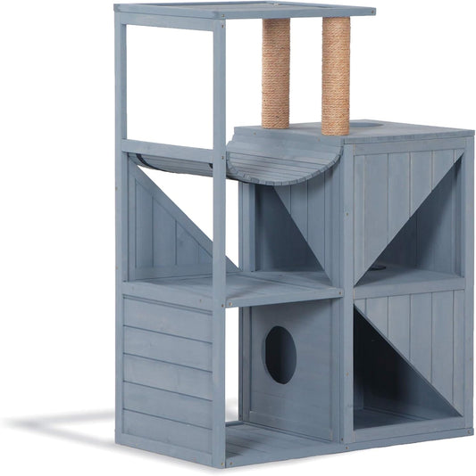 Cat House with Scratcher, Wood Cat Condo Furniture for Indoor, Kitten Villa Enclosures Gray 0505